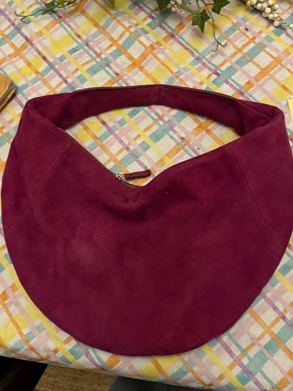 Suede Crescent Shoulder Bag in Deep Burgundy